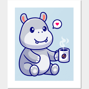 Cute Hippo Drinking Coffee Cartoon Posters and Art